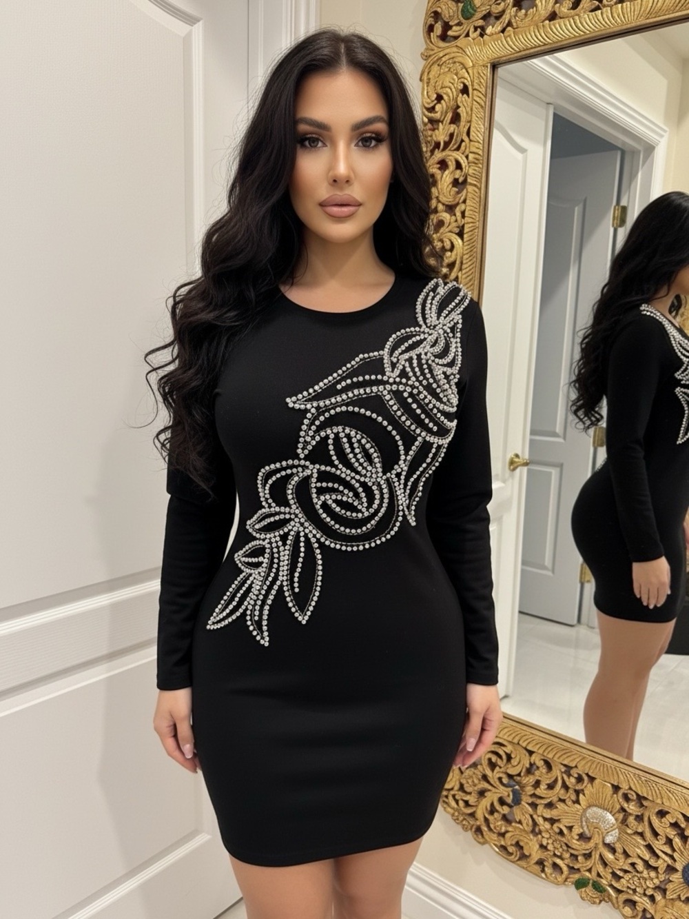 Black hand beaded w/ Silver pearls Long-Sleeve Bodycon mini Dress Stretch NWT MD